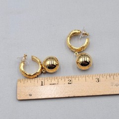 Vintage Monet Textured Hoop Pierced Earrings Gold Plated Dangle Ball 1.5″