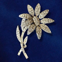Rhinestone Flower Brooch Signed ORA Rhodium 1940s Large Vintage Pin 3 Inch