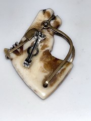 Vintage Horse Head Equestrian Pendant Carved Mother Of Pearl/Ivory/Elk Ant Brass