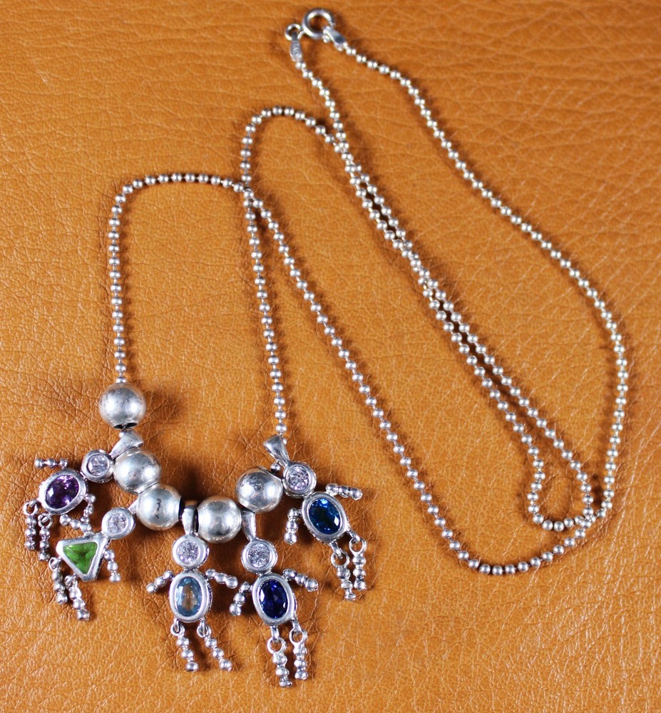 5 Children with Dancing Arms Legs Beaded Birthstone Necklace Sterling Silver 23″