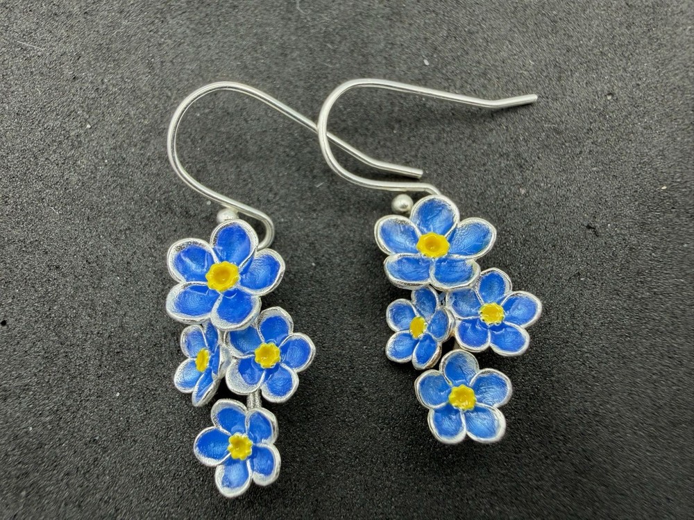 2.79g Vintage Sterling Silver 925 Blue Yellow Flower Drop Dangle Earrings
