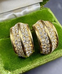 Vintage Christian Dior Pavé Rhinestone Gold Plated Half Hoop Clip Earrings