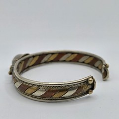 Vtg Tibetan Mixed Metal Cuff Bracelet Turquoise Garnet Tri Metal Nepal Bangle