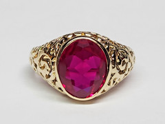 Beautiful 13.9-14k Gold Filigree Style Pierced 4.00ct. Lab Ruby Ring Sz 9.5