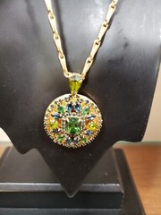 Vintage Hobe Green and Blue Rhinestones Pendant Locket Necklace