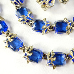 Vintage BSK Blue Glass Crystal Leaf Demi Parure Necklace Bracelet Earrings SET