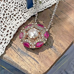 Vintage 925 Sterling Silver Red & White CZ Floating Pendant Necklace, 18″