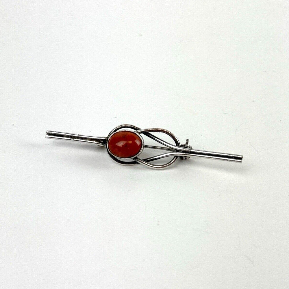 Vintage Art Deco Sterling Silver Coral Stone Brooch Bar Pin 2.4g Swirl 2” Native