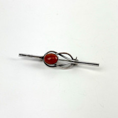 Vintage Art Deco Sterling Silver Coral Stone Brooch Bar Pin 2.4g Swirl 2” Native