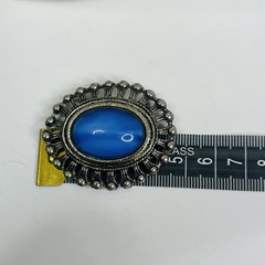 Vintage Silver Tone Blue Cabochon Oval Brooch Openwork Beaded Frame 45mm Folk