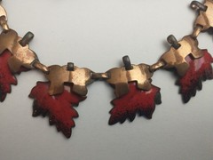 Vintage Enameled Red Copper Leaf Necklace & Earring Set Renoir/ Matisse Style