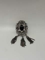 Vintage 1970s Cameo Silver Pewter Tone Scroll Openwork Triple Chain Brooch Pin