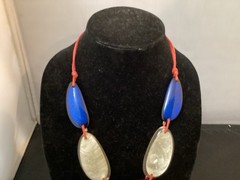 Vintage Red White Blue Adjustable Lucite Bib Necklace Bracelet Earrings MCM MOD
