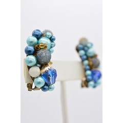 Japan Vintage Beaded Clip On Earrings Blue Crystal Cluster Chunky Signed BinU
