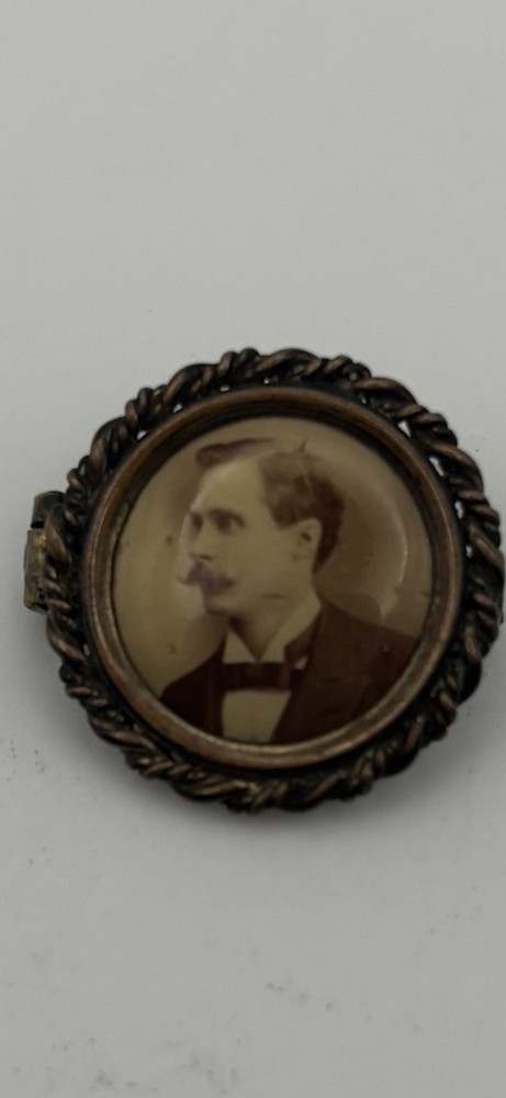 Antique Victorian Tintype Photo Brooch Pin Young Man Mourning Jewelry C-clasp