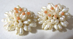 Vintage Rice Pearl Cluster Hand Strung Earrings Clip On Coral Bead Floral Clip