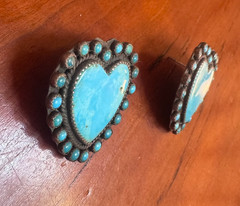 🩵 Vintage Turquoise Heart Earrings Sterling Native Zuni Style Cluster Halo OOAK