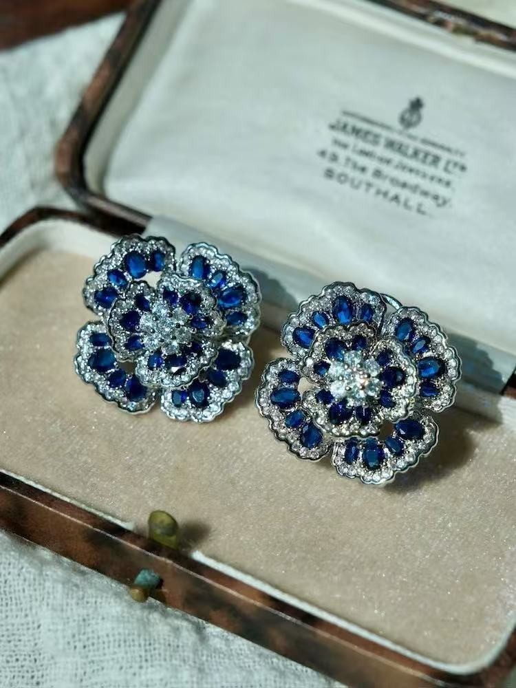 Luxury Blue Sapphire Flower Clip On Earrings Vintage Inspired Rhinestone Jewelry