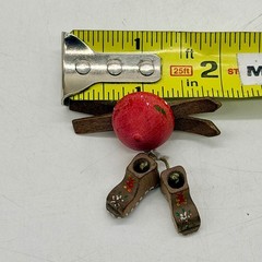 Vintage Wooden Ski Brooch Hand Painted Boots Alpine Winter Jewelry Vintage