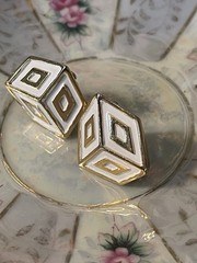 RARE Lanvin Paris 3D White Enamel Gold-Plated Square Dice Clip On Earrings COA