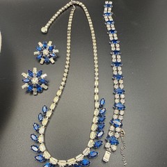 Vintage B David Silver Tone Blue Rhinestone Crystal Necklace Bracelet Clip Ons