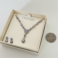 New Trifari Blue Rhinestone Silver Tone Drop Necklace Pierced Earrings Set