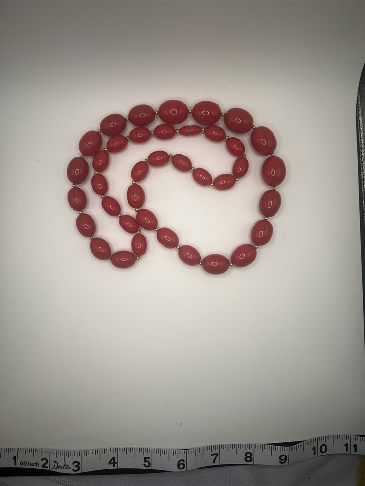 VINTAGE Long Red Bead Necklace, Acrylic, 1960s-70s