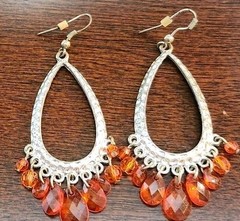 VINTAGE ORANGE BEADED CHANDELIER SILVER TEARDROP PENDANT DANGLE DROP 3″ EARRINGS