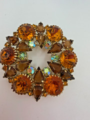 Vintage Brooch Orange Rhinestone Brown Large Statement Wreath Circle