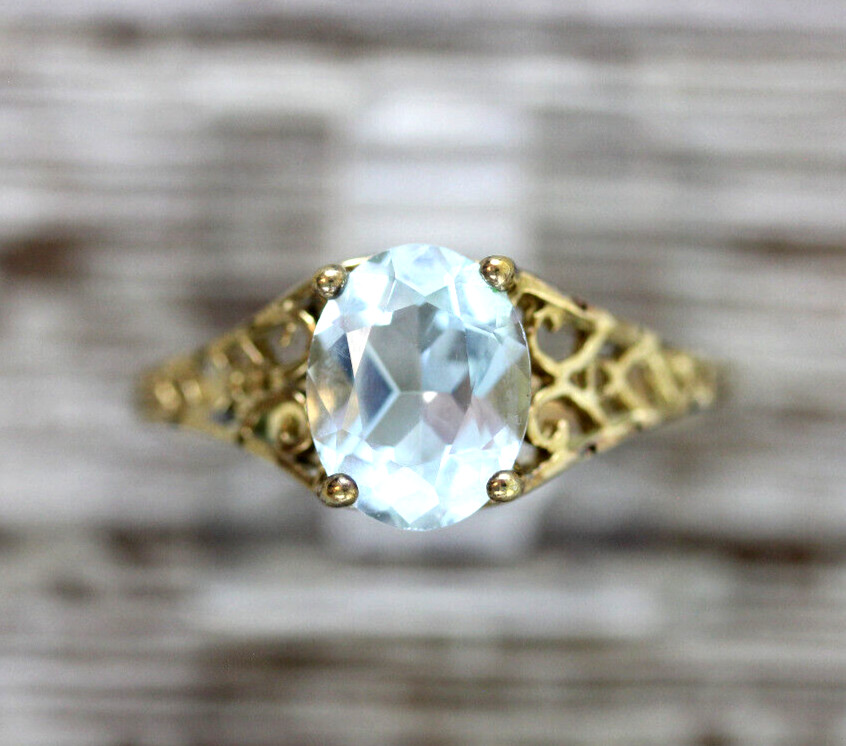VINTAGE BLUE TOPAZ GOLD STERLING SILVER 925 RING SIZE 7.75 FILIGREE DESIGNER