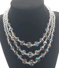 Vintage Crystal AB Glass Clear Iridescent Bead Necklace 3 Strand Collar Bib