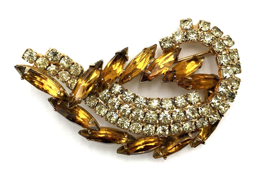 VTG 2.25” Abstract Pin / Brooch W/ Amber / Topaz Navette Stones and Rhinestones