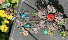 Large Floral and Butterfly Vibrant Multi-Colored Stone Brooch Pin Pendant