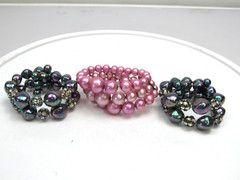 3 Vintage Beaded Stretch Cuff Bracelets Lot Pink Iridescent Rhinestone