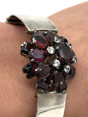 Bohemian Almandine Garnet Tiered Cluster Silver Belt Bangle Bracelet Antique