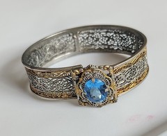 Antique JJ White Art Deco Rhodium/Gold Filigree Hinge Bracelet Blue Czech Stone