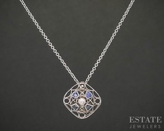 Antique Art Deco Platinum & 14k Diamond & Blue Sapphire Necklace 2.4g p15472