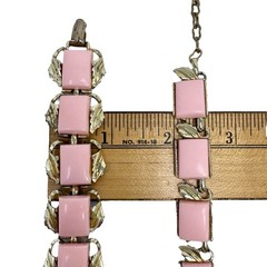 Vintage Pink Thermoset Jewelry Set Gold Tone Leaves Necklace Bracelet Earrings