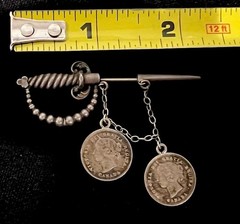 Antique c1900 Sterling Silver Sword Brooch Victorian Canadian Coins 2-1/4” 6.3g
