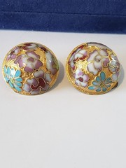 Vintage Floral Cloisonne Domed Round Clip Earrings Multicolored Gold Tone