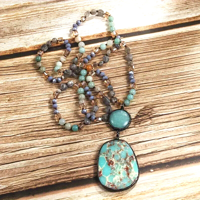 Bohemian Natural Stone Gem Pendant Necklace Adjustable Women Gift Fashion Blue