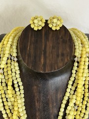 Hong Kong Yellow Beaded Necklace and Clip On Earrings Set Seven Strand Necklace