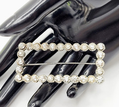 Rhinestone Open Metal Rectangle Frame Early 20th Century Silver Tone Brooch Pin