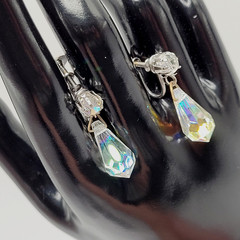 Vintage AB Crystal Faceted Teardrop Prism Drop Dangle Fancy Screw Back Earrings