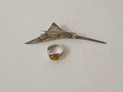 Modern Mid Century Sterling 925 Silver Amber Brooch 3.5 Inches & Rind Size 4.5