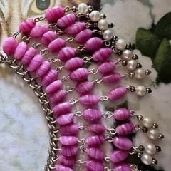 Vintage Pink Art Glass Faux Pearl Fringe Bib Statement Necklace Dramatic Runway