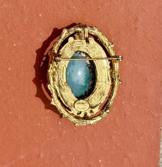 HATTIE CARNEGIE Foil Art Glass Green Blue Cabochons, Rhinestone Pendant Brooch