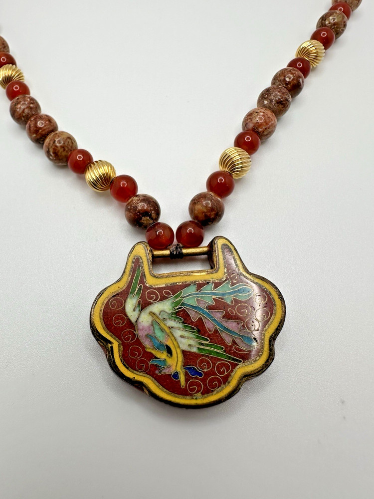 VNT Les Bernard Sterling Silver Jasper Carnelian Cloisonne Bird Necklace JB19