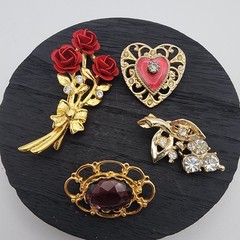 VTG Estate Costume Brooch Lot 4pc Red Rose Enamel Heart Amethyst Glass Grape Pin