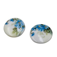 Vintage Hand Painted Porcelain Blue Floral Forget Me Not Stud Button Earrings 1″